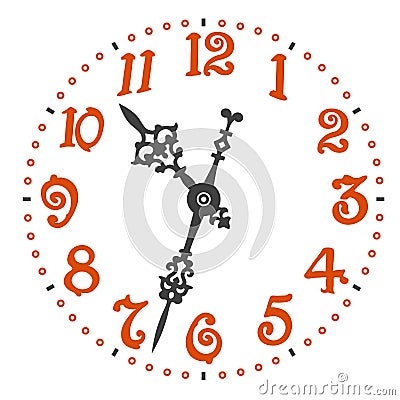 Retro clock face with elegant clock hands, original number symbols and tick marks placed on a white background. Vector Vector Illustration