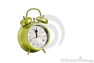 retro clock, pointer clock, green color alarm clock on isolated white background Stock Photo