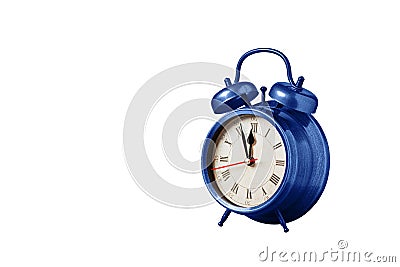 retro clock, watch, pointer clock, Blue color alarm clock on isolated white background Stock Photo
