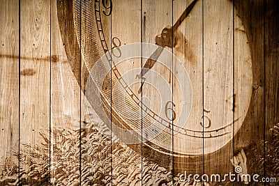 Retro clock on wood background selective focus at number 7 o`clock Stock Photo