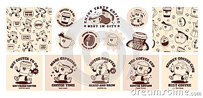 Retro coffee character. Cartoon bar and cafe drinks. Abstract funny espresso sticker, poster with 70s cappuccino cup Vector Illustration