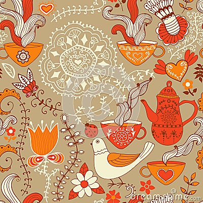 Retro coffee seamless pattern, tea background, texture with cups Vector Illustration