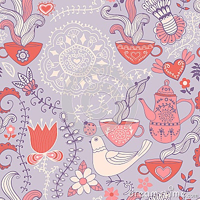 Retro coffee seamless pattern, tea background, texture with cups Vector Illustration