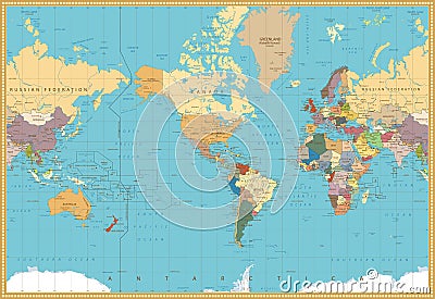 Retro Color America Centered Political World Map Vector Illustration