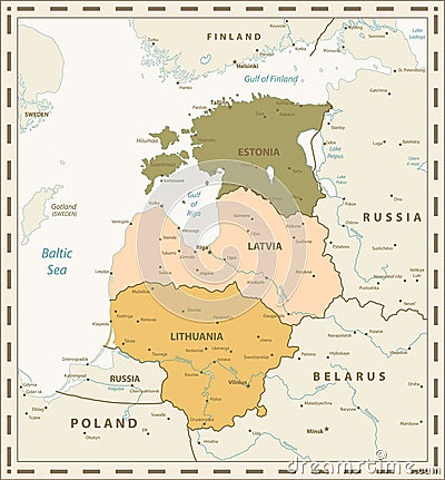 Retro Color Map of the Baltic States Vector Illustration