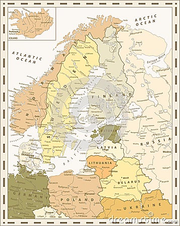 Retro Color Map of Northern Europe Vector Illustration