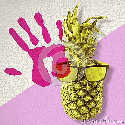 Retro color pineapple with sunglasses for summer Stock Photo