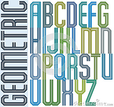 Retro colorful geometric font with parallel triple lines Vector Illustration