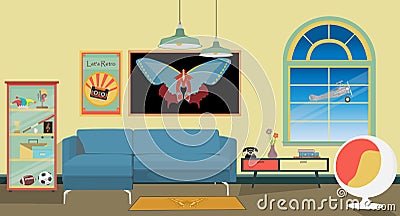 Retro colorful living room interior design with chair, cabinet, butterfly picture, book, airplane and flowers. Flat style vector i Vector Illustration