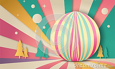 Colorful Paper Rays Background With Trees, Large Egg Shape Stock Photo