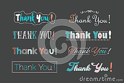 Retro colorful Thank You words text with different stylized font faces icons set design elements on gray Vector Illustration