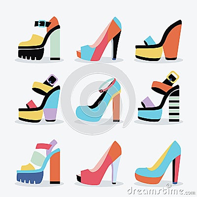 Retro colorful and trendy women isolated platform high heel shoes set Vector Illustration