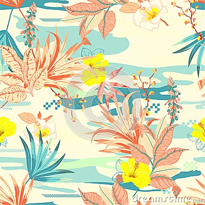 Retro colorful Tropical flowers anfd exotic plants on the camouflage background. Vector seamless pattern illustration Cartoon Illustration