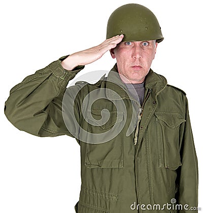 Retro Combat Soldier, Military Army Veteran, Salute, Isolated Stock Photo