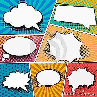 Retro comic empty speech bubbles set on colorful background. Vector illustration, vintage design, pop art style Cartoon Illustration