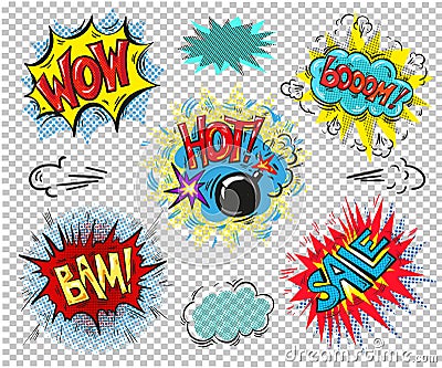 Retro comic speech bubbles set on colorful background. Wow hot boom bam sale words vintage design, pop art style Vector Illustration