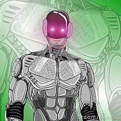 Retro comic style artwork, cyborg police consisting of a robot body and a human face wearing a steel mask. Stock Photo