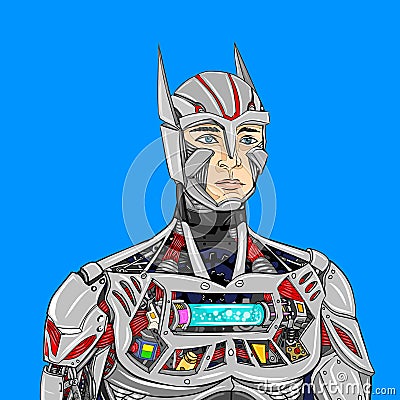Retro comic style artwork, a pre person wearing a robot mechanic setup, on a blue background Stock Photo