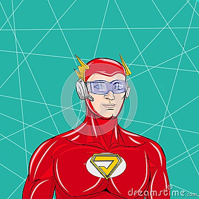 Retro comic style artwork, a superhuman figure wearing a red hero costume. Stock Photo
