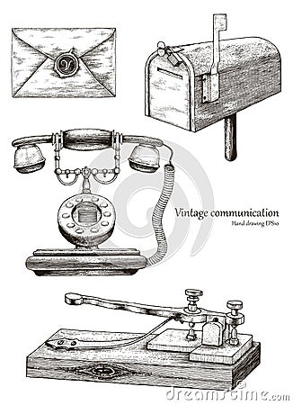 Retro communication equipment hand drawing vintage style Vector Illustration