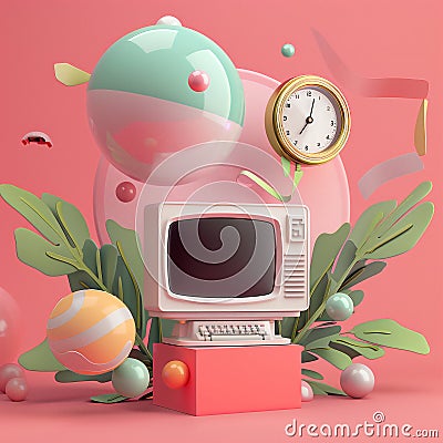 Retro Computer Floating Spheres and Clock raster Cartoon Illustration