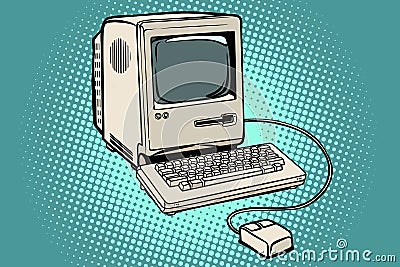 Retro computer monitor keyboard and mouse Vector Illustration