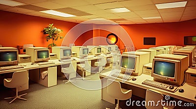 Retro Computer Room Displaying Classic Apple Macintosh Computers. Generative AI Stock Photo