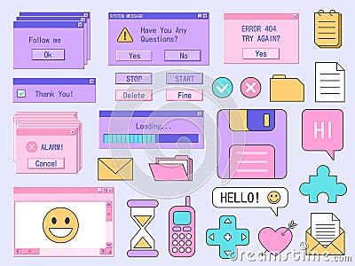 Retro computer sticker. Old PC interface with system message, geek technology retrowave icons. Vector trendy digital Vector Illustration