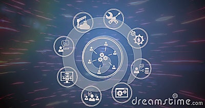 A retro concept image of a web icon set on an abstract technology background, with a glowing, distor Stock Photo