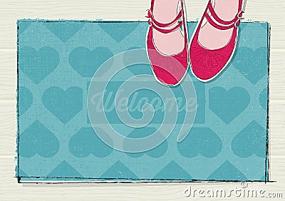 Retro concept welcome mat with hearts and girls shoes Vector Illustration