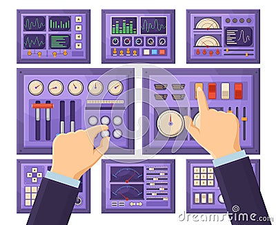 Retro control dashboard panel with operator hands, console connection ports. Hands work with control panel elements Vector Illustration