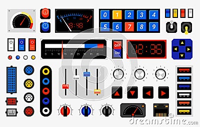 Retro control panel. Computer dashboard elements. Dials or connection ports. Controller buttons template. Electronic Vector Illustration