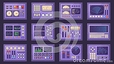 Retro control panels, spacecraft dashboard with dials, tuners and levers. Old computer interface elements isolated Cartoon Illustration