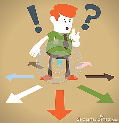 Retro Corporate Guy chooses which way to go. Vector Illustration
