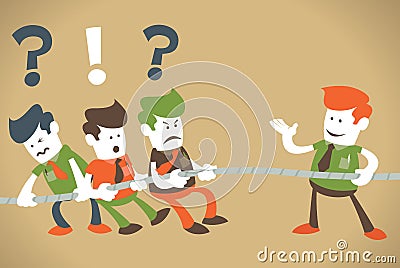 Retro Corporate Guys have a Tug-of-war. Vector Illustration