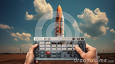 Retro Countdown: Vintage Calculator Against 1970s Rocket Liftoff Background Stock Photo