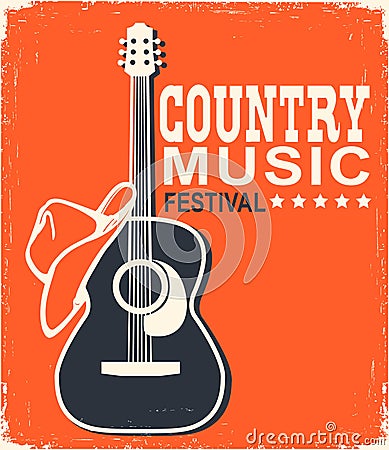 Retro Country music poster of acoustic guitar and cowboy American hat. Vector music background with text on old paper texture Vector Illustration