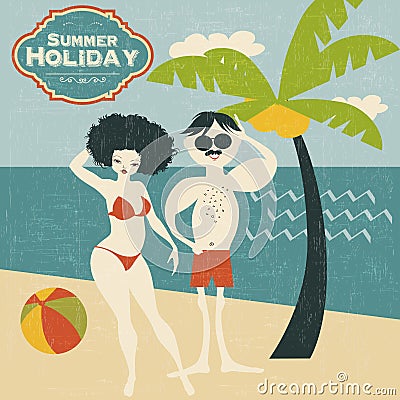 Retro couple on the beach Vector Illustration