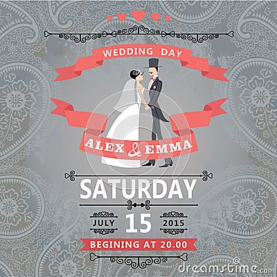 Retro couple bride and groom.Wedding invitation with paisley Stock Photo