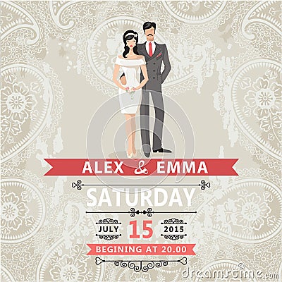 Retro couple bride and groom.Wedding invitation with paisley lac Stock Photo
