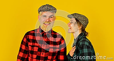 Retro couple of farmers. happy man and woman checkered shirt and hat. Happy family concept. hippie and hipster. couple Stock Photo