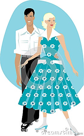 Retro couple with rollers Vector Illustration