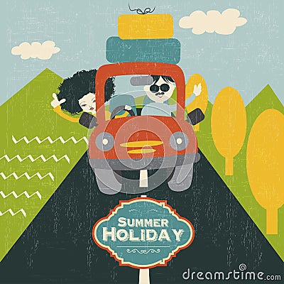 Retro couple traveling by car Vector Illustration