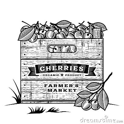 Retro crate of cherries black and white Vector Illustration