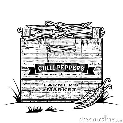 Retro crate of chili peppers black and white Vector Illustration