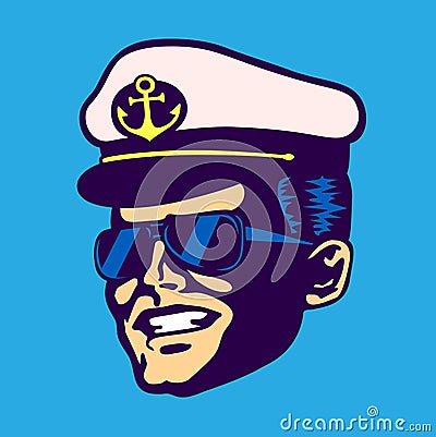 Retro cruise ship captain head with hat and aviator glasses Vector Illustration