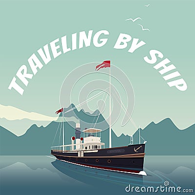Retro cruise ship sails on the sea on clear day Vector Illustration