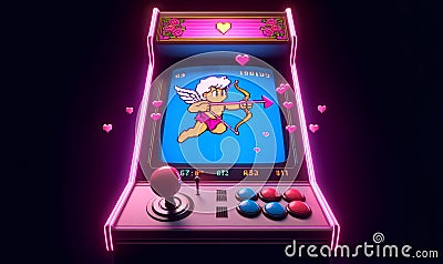 Retro Cupid Arcade Game, space for text. Generative AI Cartoon Illustration