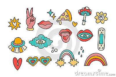 Retro cute cartoon hippy groovy vector sticker set Stock Photo