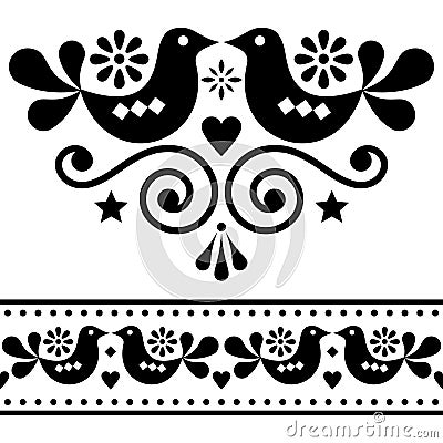 Scandinavian folk vector design elements, cute floral design with birds in black on white background Stock Photo